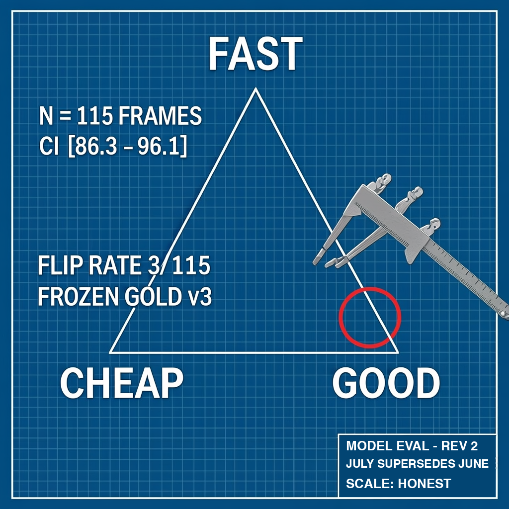 Blueprint: the fast, good, cheap triangle measured with a caliper; margin annotations carry the eval's real numbers