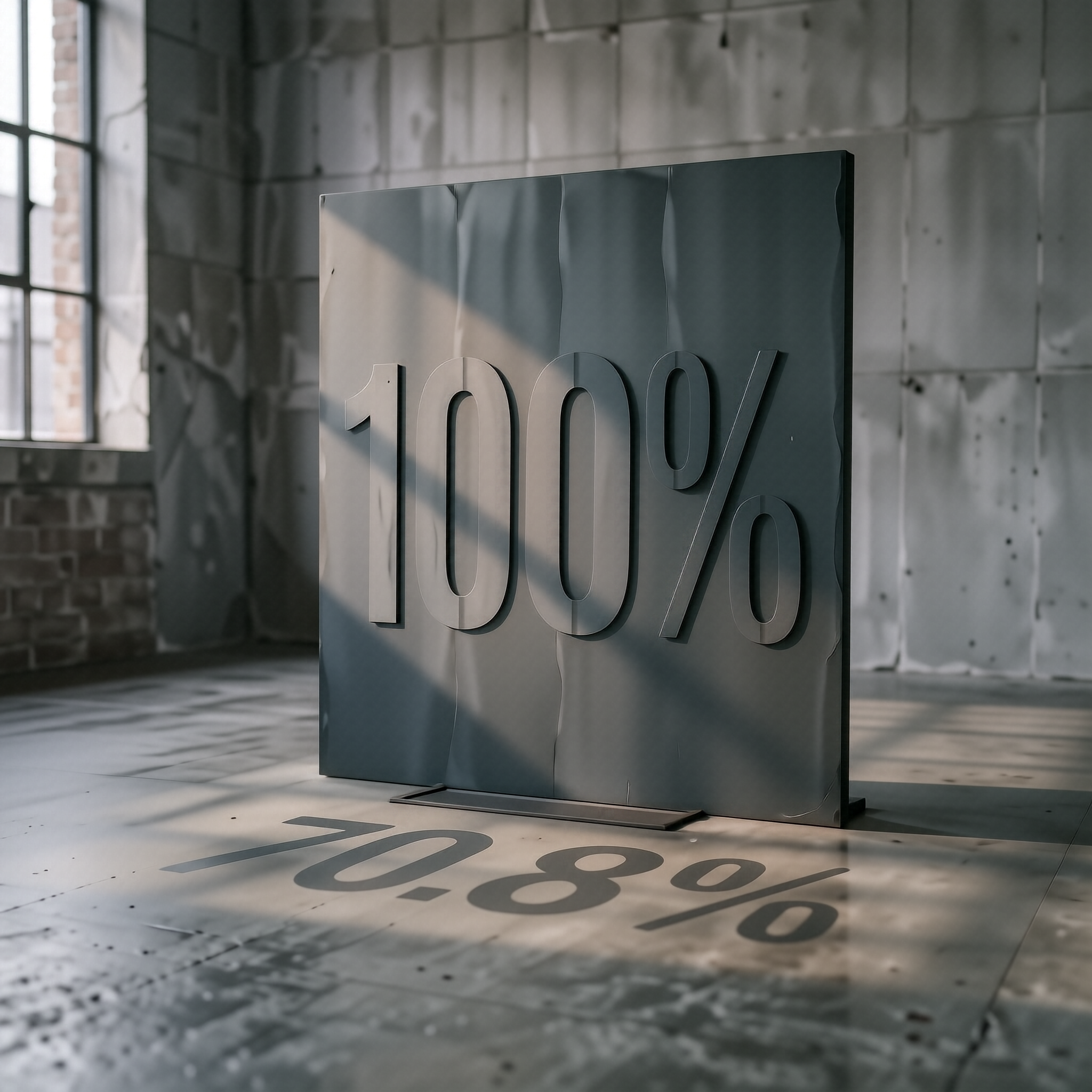 A large 100 percent sign casting a shadow that reads 70.8 percent