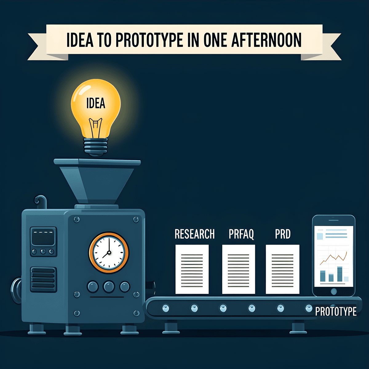 Pipeline illustration: idea to research to PRFAQ to PRD to prototype